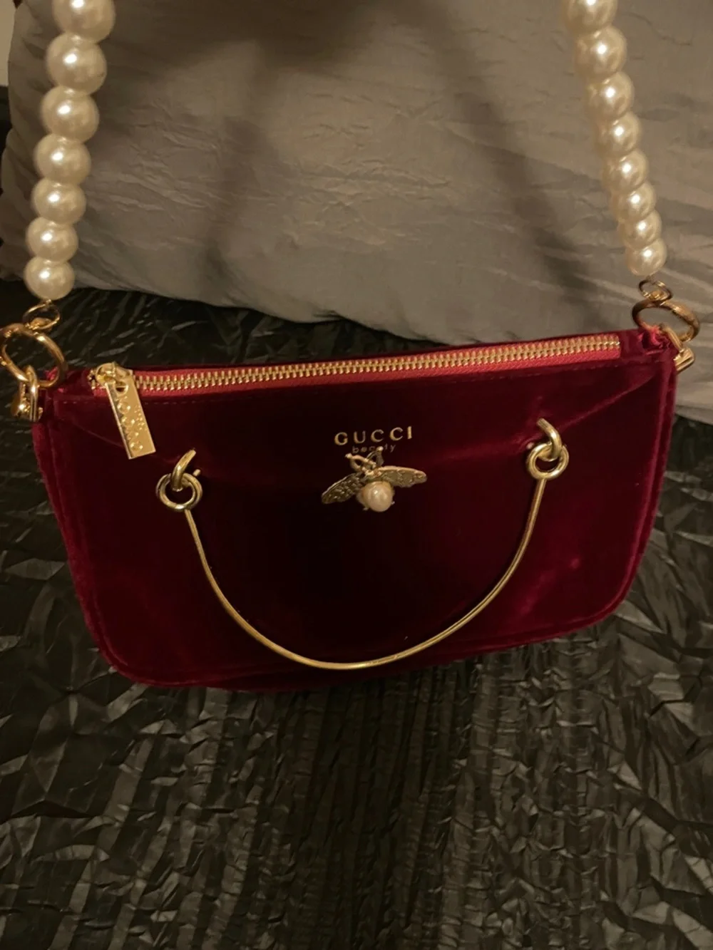 Gucci Burgundy Velvet Mini Bag with Pearl Handle and Bee Emblem - Picture 17 of 17